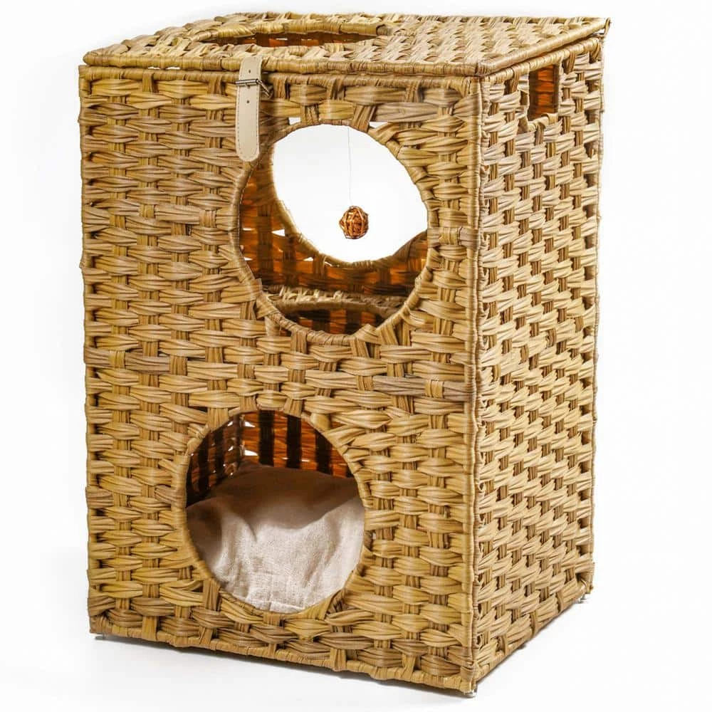 Rattan Cat Litter Cat House Cat Bed with Rattan Ball and Cushion for Summer Use by Foobrues