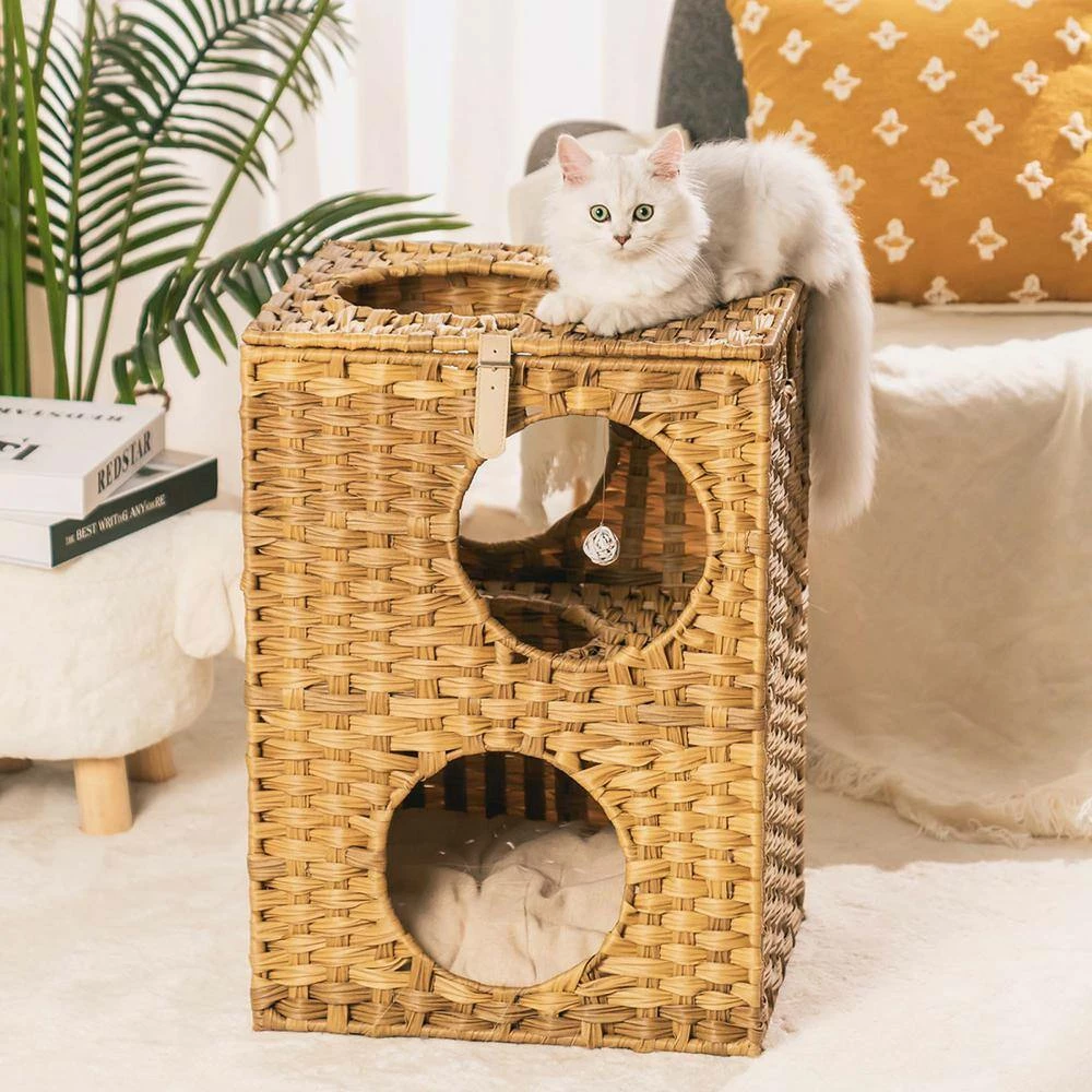 Rattan Cat Litter Cat House Cat Bed with Rattan Ball and Cushion for Summer Use by Foobrues - Image 2