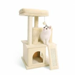 Beige Cat Tree Sisal Scratching Post Plush Condo Playhouse with Dangling Toys by Foobrues