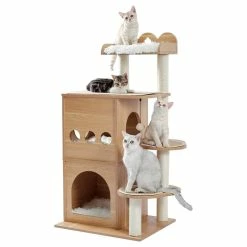 Modern Cat Tree Wooden Multi-Level Cat Tower, Deeper Version of Cat Sky Castle with 2 Cozy Condos and Luxury Perch by Foobrues