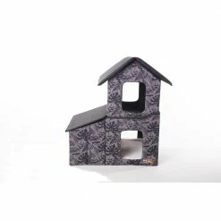 Outdoor 2-Story Kitty House with Dining Room Gray Leaf Print Medium by K and H Pet Products