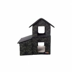 Outdoor 2-Story Kitty House with Dining Room Green Leaf Print Medium by K and H Pet Products