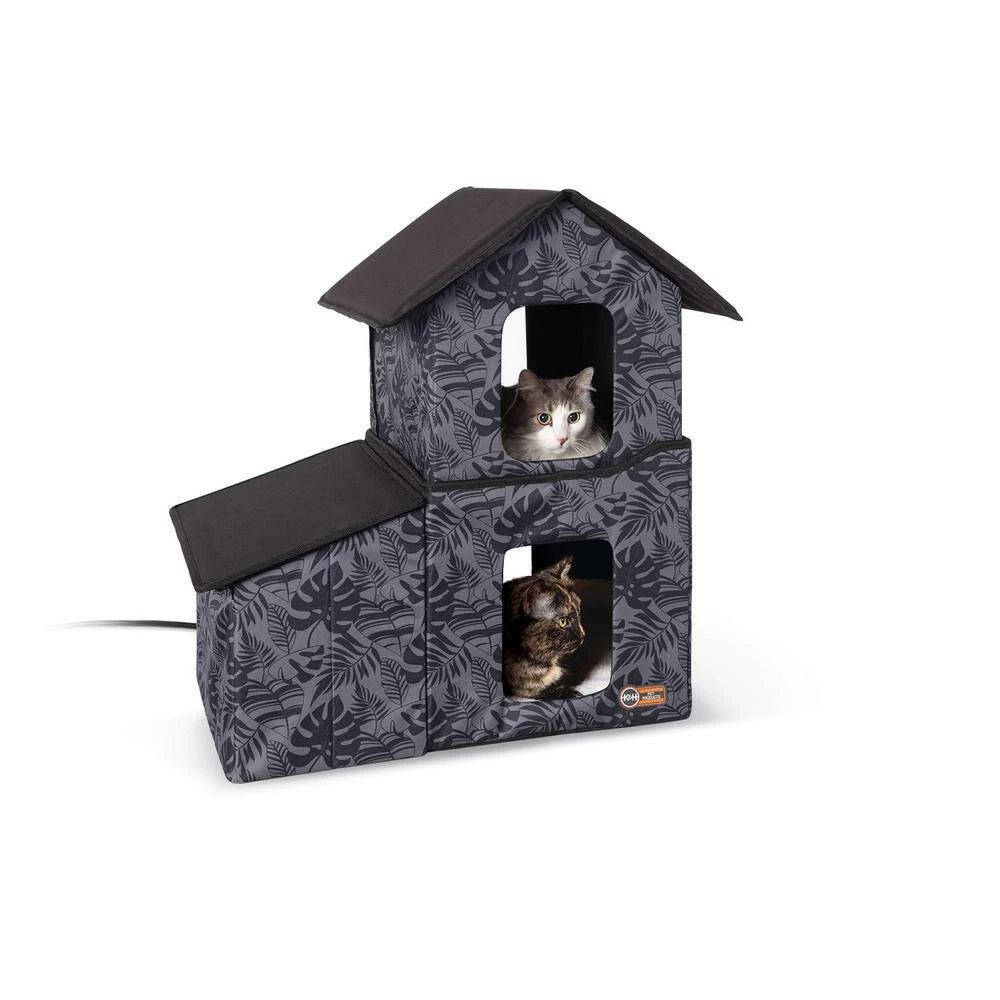 Outdoor Heated 2-Story Kitty House with Dining Room Gray Leaf Print Medium by K and H Pet Products - Image 5