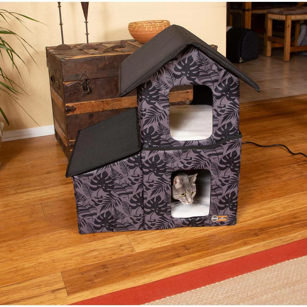 Outdoor Heated 2-Story Kitty House with Dining Room Gray Leaf Print Medium by K and H Pet Products - Image 8