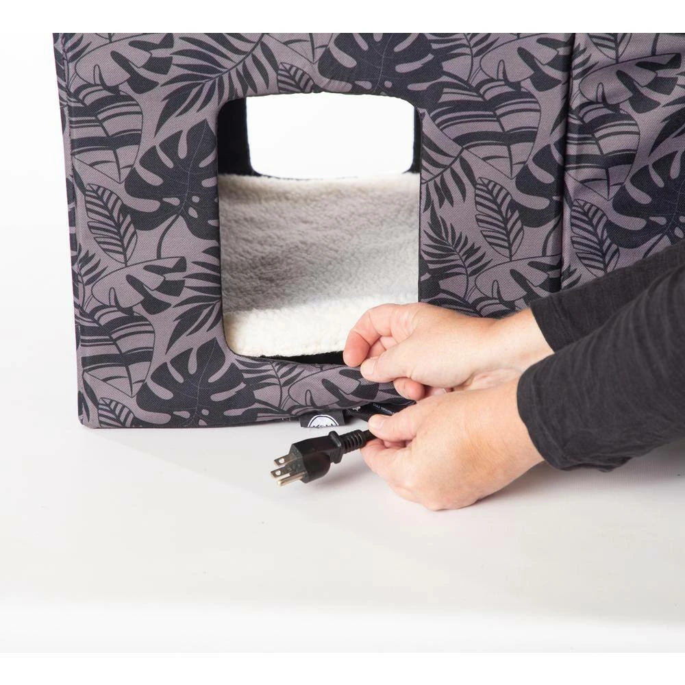 Outdoor Heated 2-Story Kitty House with Dining Room Gray Leaf Print Medium by K and H Pet Products - Image 6