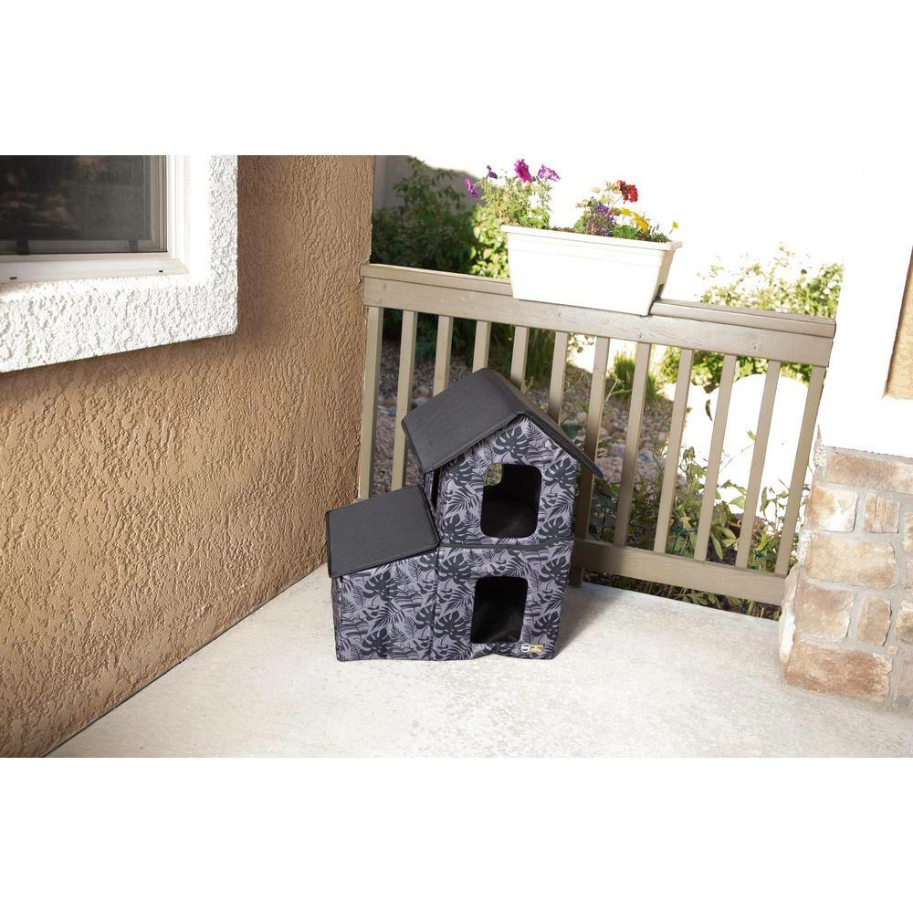 Outdoor Heated 2-Story Kitty House with Dining Room Gray Leaf Print Medium by K and H Pet Products - Image 4