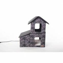 Outdoor Heated 2-Story Kitty House with Dining Room Gray Leaf Print Medium by K and H Pet Products