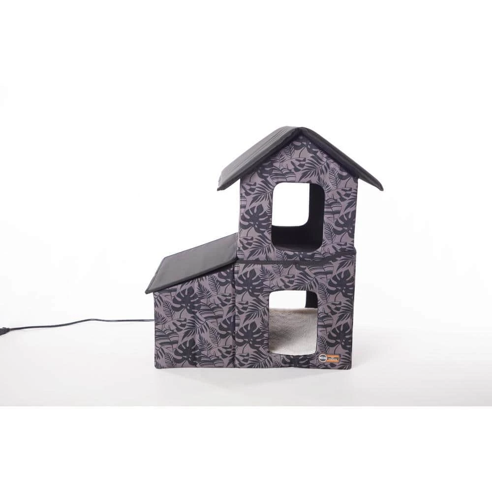 Outdoor Heated 2-Story Kitty House with Dining Room Gray Leaf Print Medium by K and H Pet Products