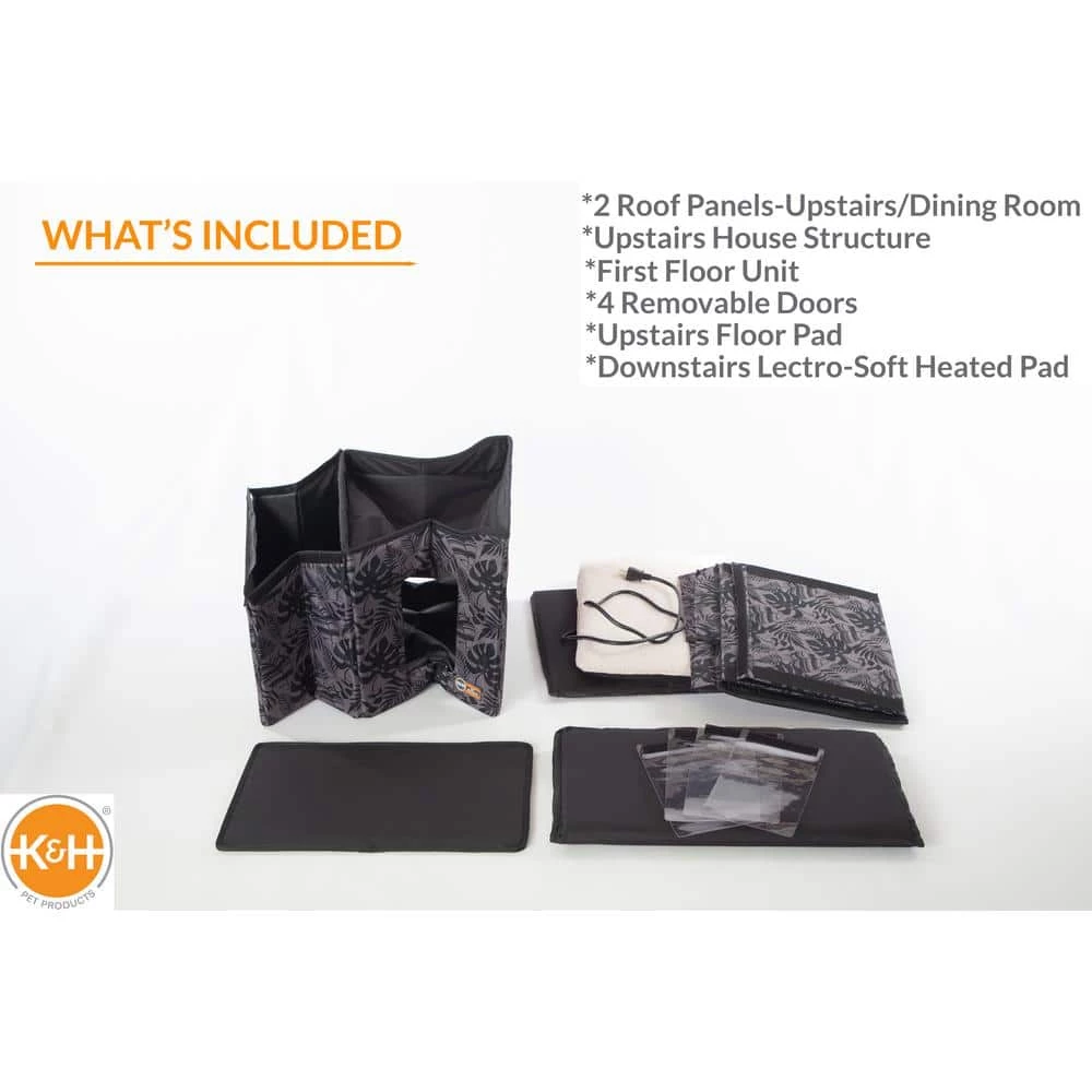 Outdoor Heated 2-Story Kitty House with Dining Room Gray Leaf Print Medium by K and H Pet Products - Image 2