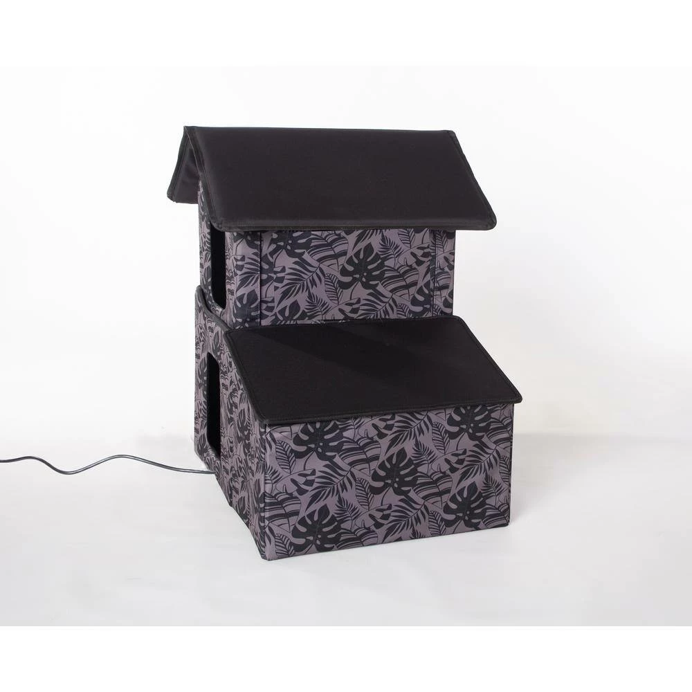 Outdoor Heated 2-Story Kitty House with Dining Room Gray Leaf Print Medium by K and H Pet Products - Image 3