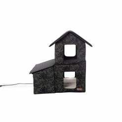 Outdoor Heated 2-Story Kitty House with Dining Room Green Leaf Print Medium by K and H Pet Products