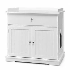 30 in. W x 29 in. H Wood Cat Litter Box Enclosure with Drawer Side Table Furniture in White by ANGELES HOME