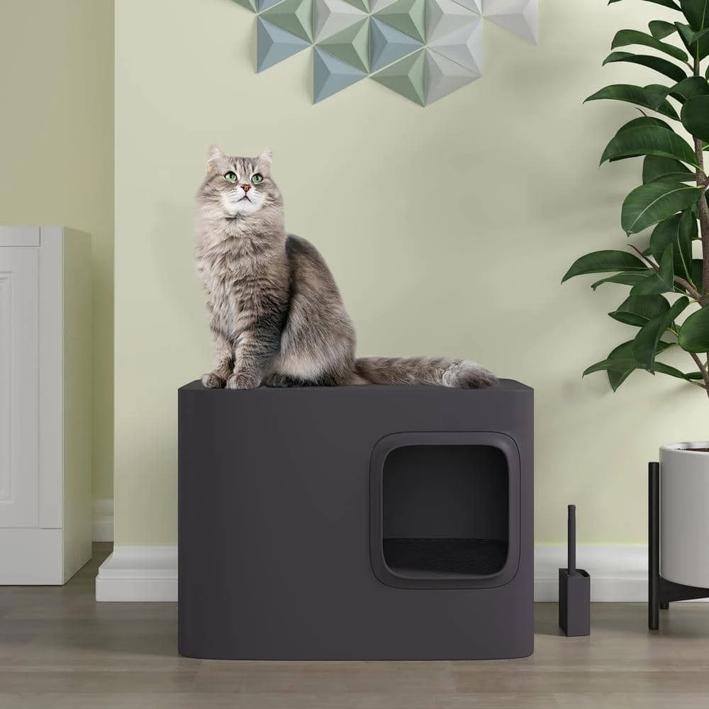 Loo 19.7 in. W x 15.3 in. H Dark Grey Plastic Enclosed Cat Litter Box with Scoop by Unbranded - Image 9