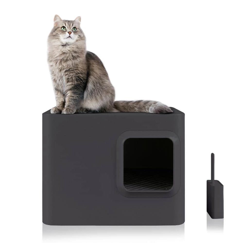Loo 19.7 in. W x 15.3 in. H Dark Grey Plastic Enclosed Cat Litter Box with Scoop by Unbranded