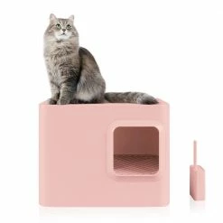 Loo 19.7 in. W x 15.3 in. H Blush Pink Plastic Enclosed Cat Litter Box with Scoop by Unbranded