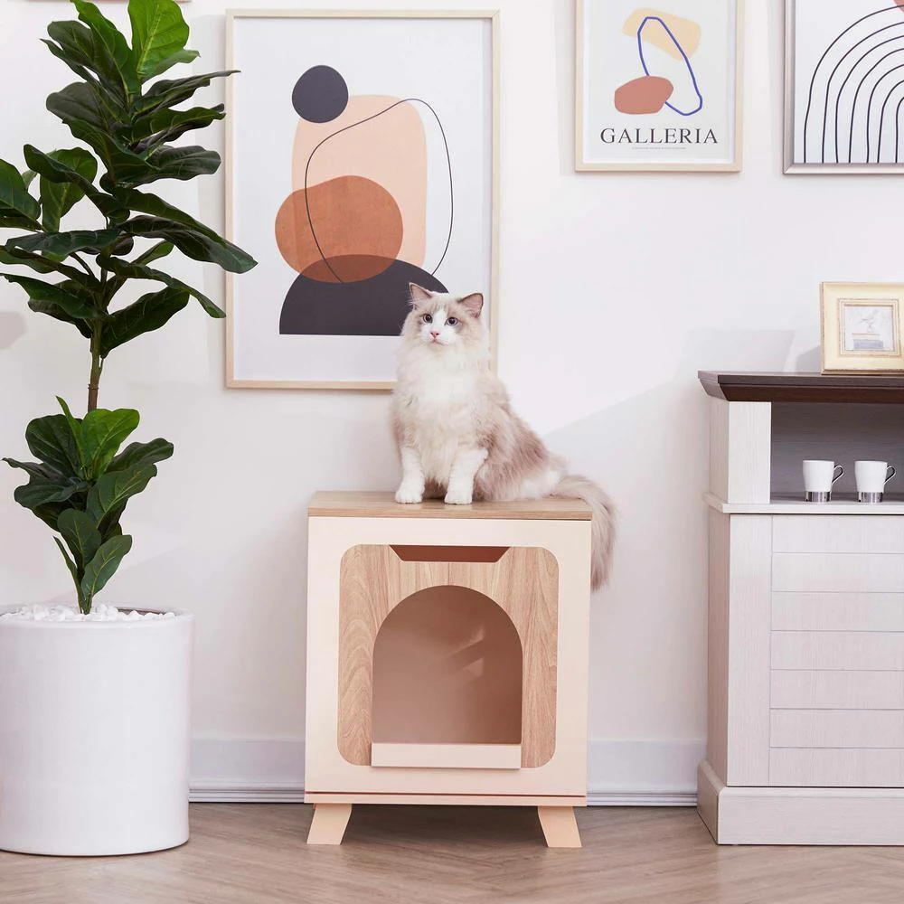 Elyse Elevated Wooden Cat Litter Box Enclosure Side Table, Tan by TEAMSON PETS - Image 3