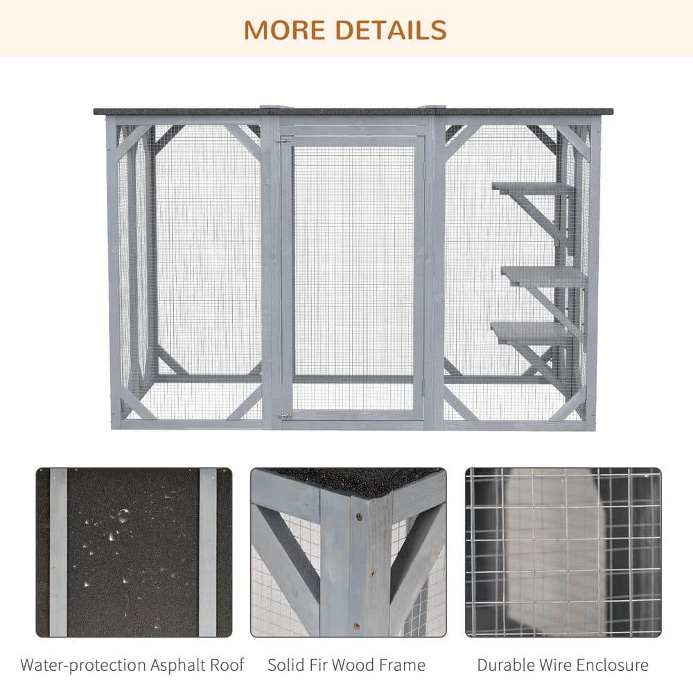 Grey Wooden Outdoor Cat House with Asphalt Roof, Multi-Level Platforms, and Large Enter Door - 71"L by PawHut - Image 5