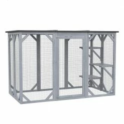 Grey Wooden Outdoor Cat House with Asphalt Roof, Multi-Level Platforms, and Large Enter Door - 71"L by PawHut
