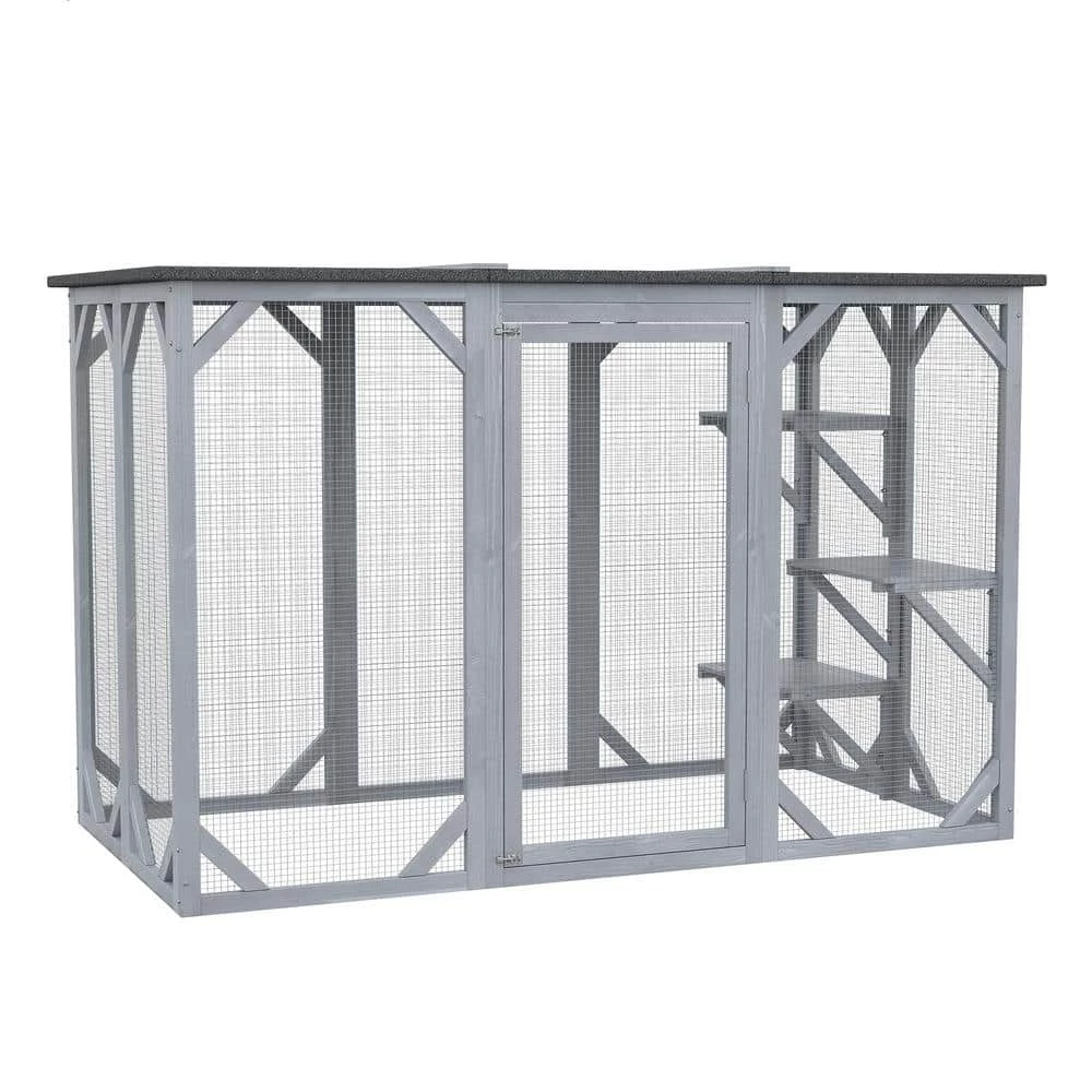 Grey Wooden Outdoor Cat House with Asphalt Roof, Multi-Level Platforms, and Large Enter Door - 71"L by PawHut