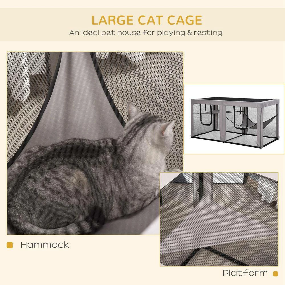 Large Mesh Cat House Kitty Indoor/Outdoor Playpen with 2 Zipper Doors Soft Hammock Pet Bed, Black & Grey-76.75" L by PawHut - Image 4