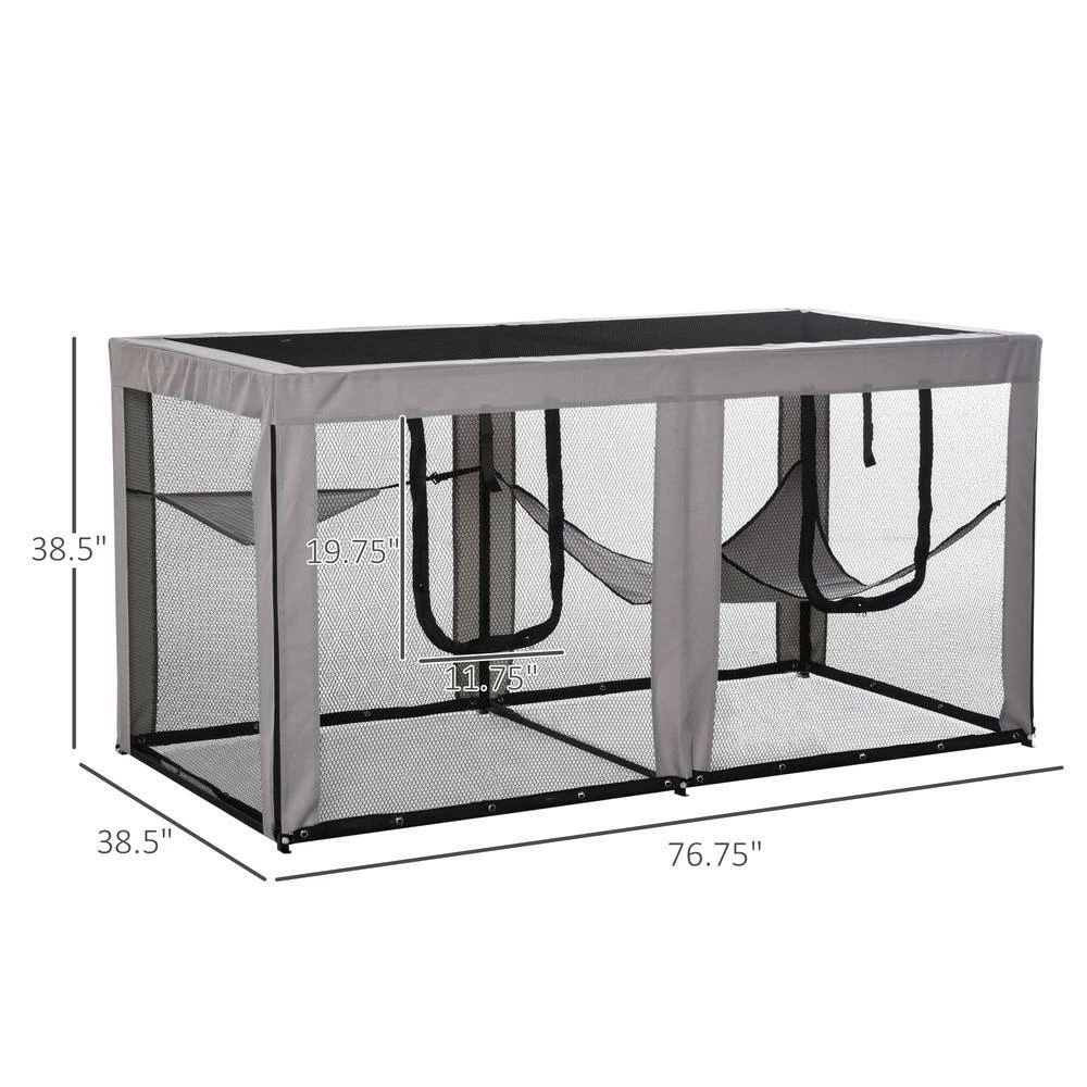 Large Mesh Cat House Kitty Indoor/Outdoor Playpen with 2 Zipper Doors Soft Hammock Pet Bed, Black & Grey-76.75" L by PawHut - Image 3