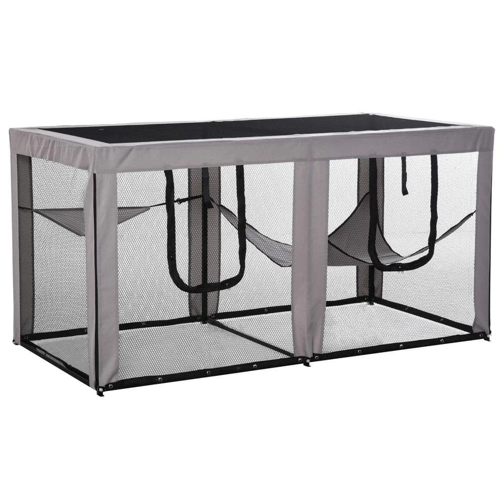 Large Mesh Cat House Kitty Indoor/Outdoor Playpen with 2 Zipper Doors Soft Hammock Pet Bed, Black & Grey-76.75" L by PawHut