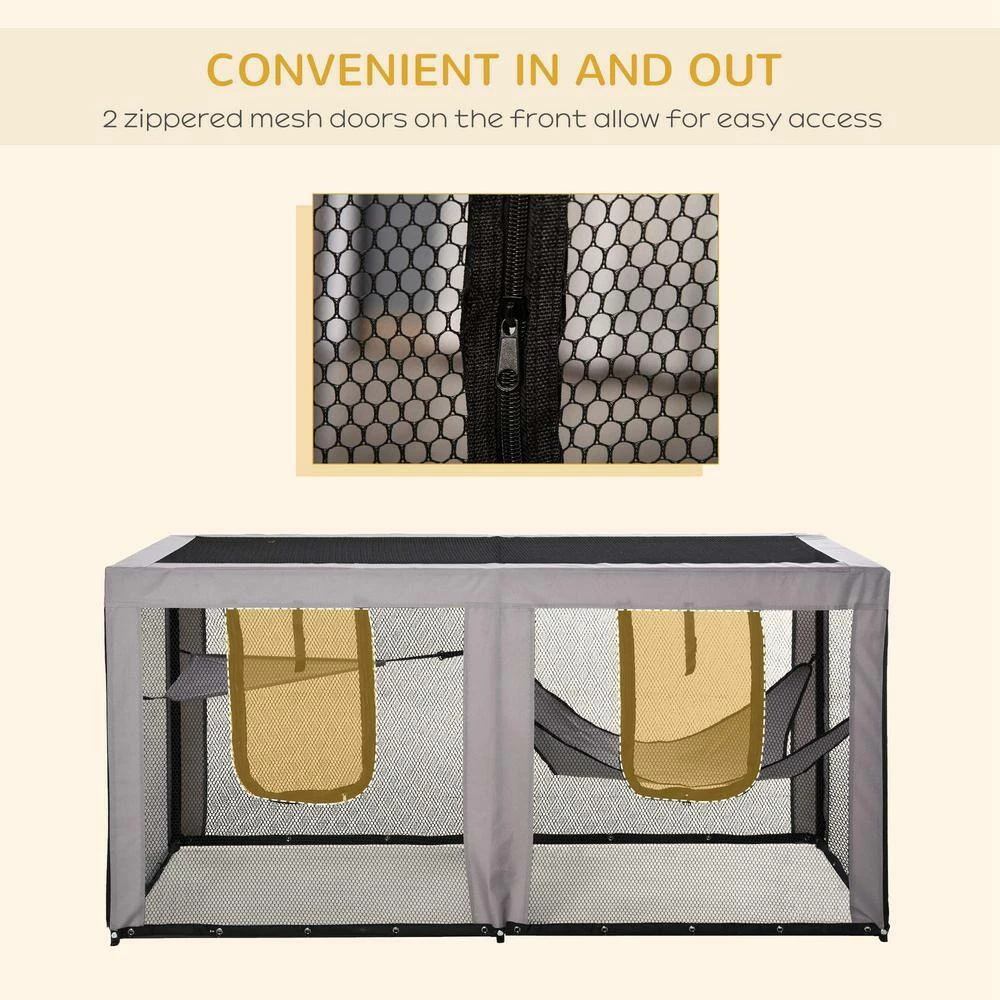 Large Mesh Cat House Kitty Indoor/Outdoor Playpen with 2 Zipper Doors Soft Hammock Pet Bed, Black & Grey-76.75" L by PawHut - Image 7