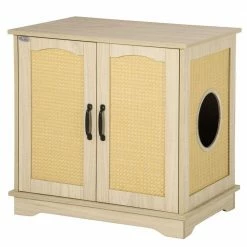 Oak 27in. x 20in x 27in. Rattan/Wood Cat Litter Box Enclosure Hidden Cat Washroom with Cushion by PawHut