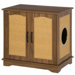 Walnut 27in. x 20in x 27in. Rattan/Wood Cat Litter Box Enclosure Hidden Cat Washroom with Cushion by PawHut