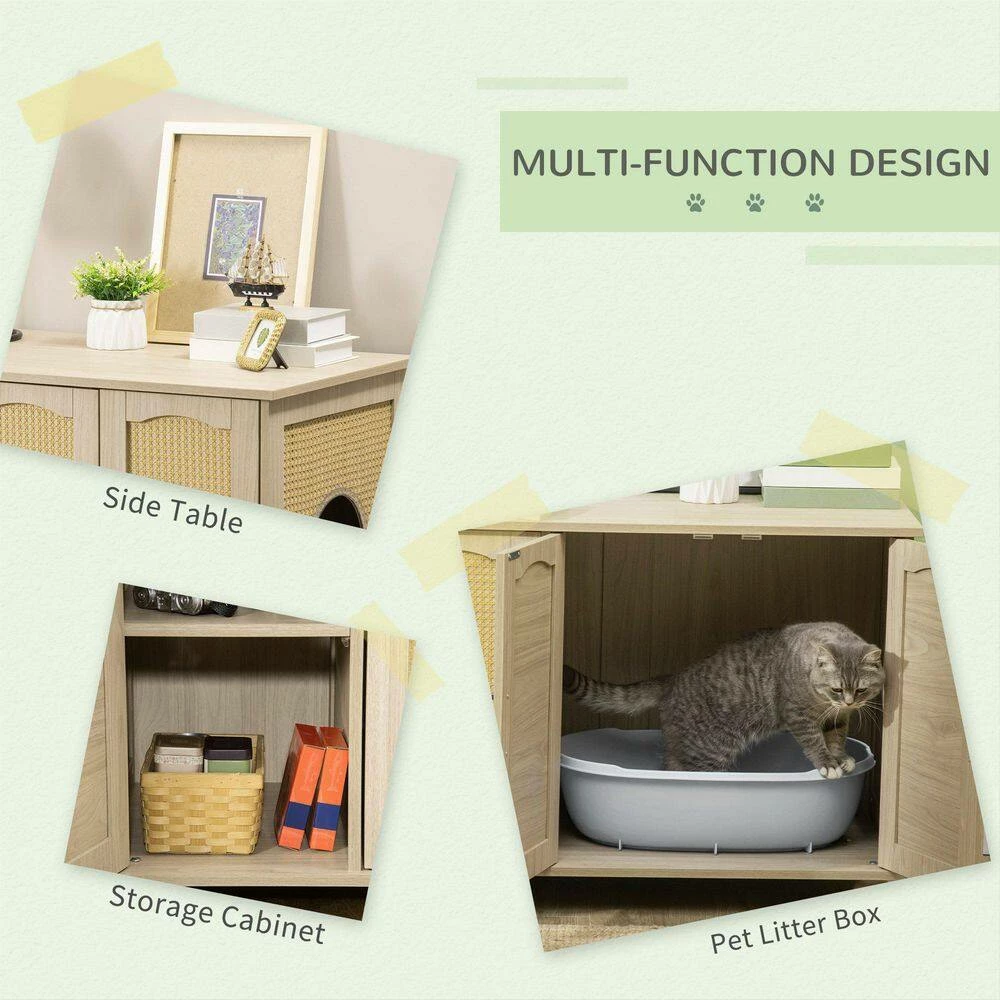 Indoor Oak 39 in. x 21 in. x 27 in. Wooden/Rattan Cat Litter Box Enclosure, Hidden Cat Washroom with Soft Cushion by PawHut - Image 4