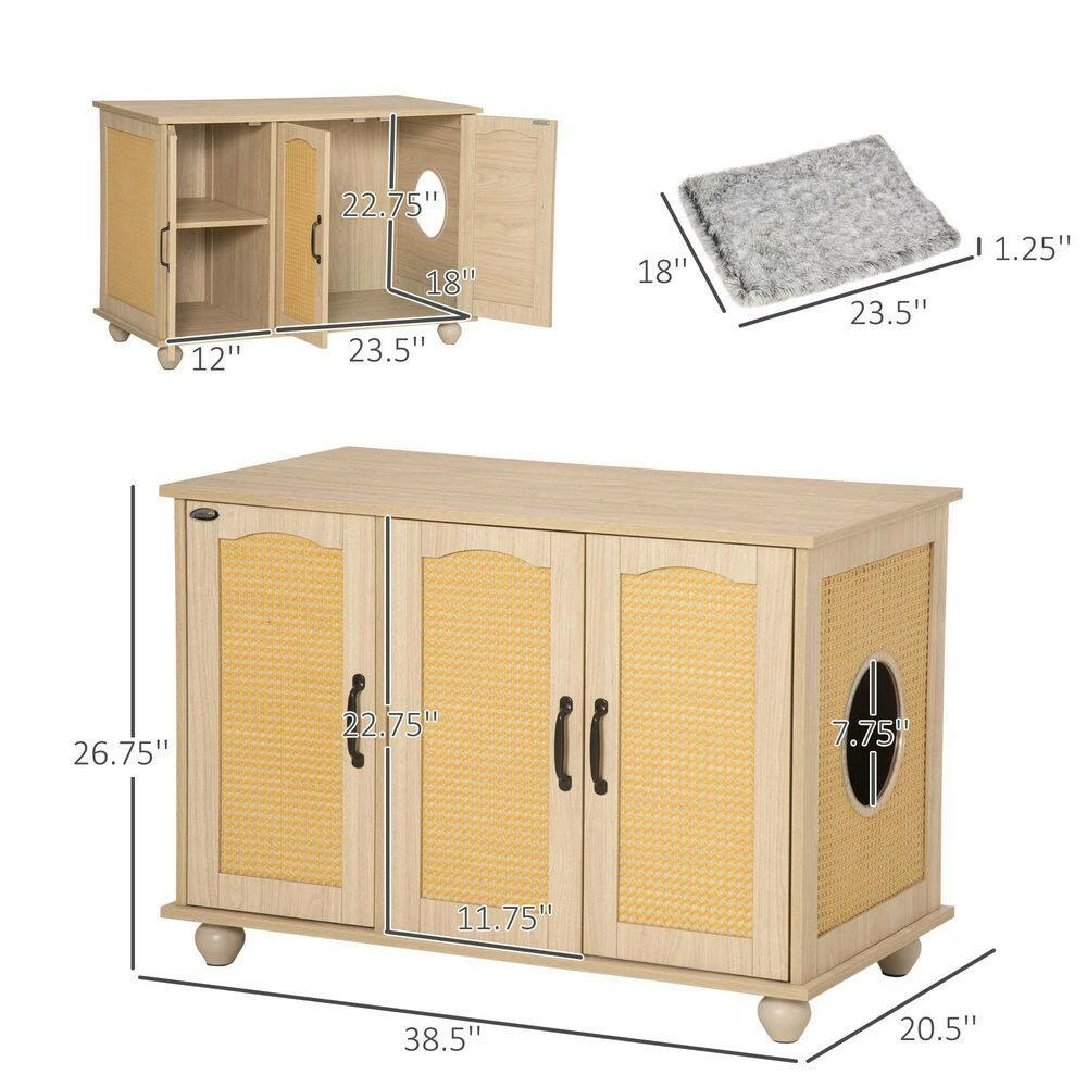 Indoor Oak 39 in. x 21 in. x 27 in. Wooden/Rattan Cat Litter Box Enclosure, Hidden Cat Washroom with Soft Cushion by PawHut - Image 3
