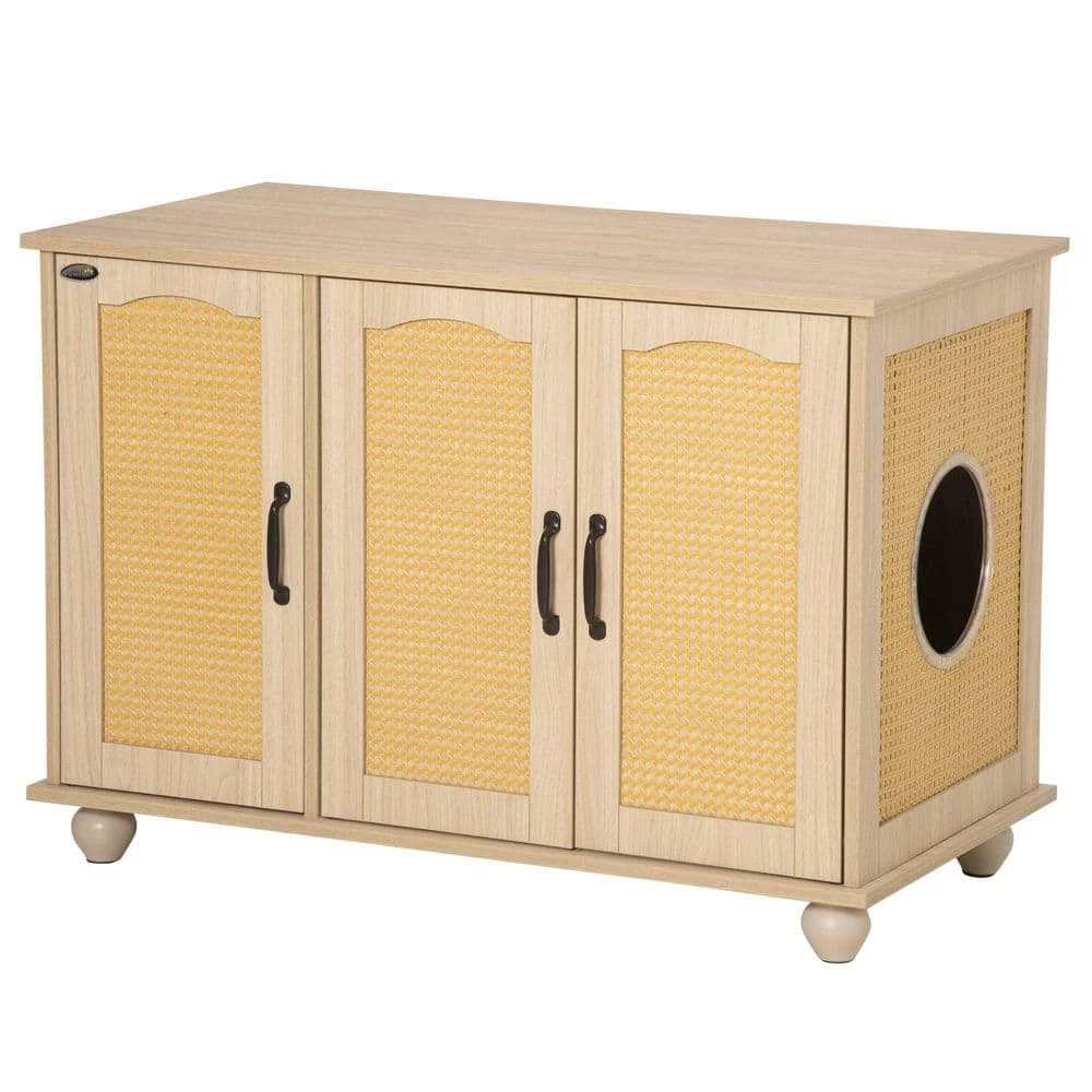 Indoor Oak 39 in. x 21 in. x 27 in. Wooden/Rattan Cat Litter Box Enclosure, Hidden Cat Washroom with Soft Cushion by PawHut