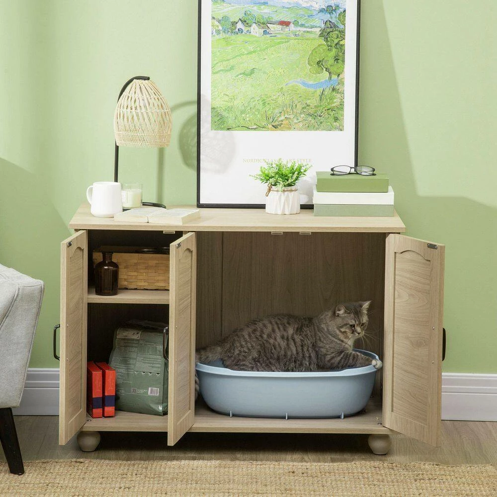 Indoor Oak 39 in. x 21 in. x 27 in. Wooden/Rattan Cat Litter Box Enclosure, Hidden Cat Washroom with Soft Cushion by PawHut - Image 2