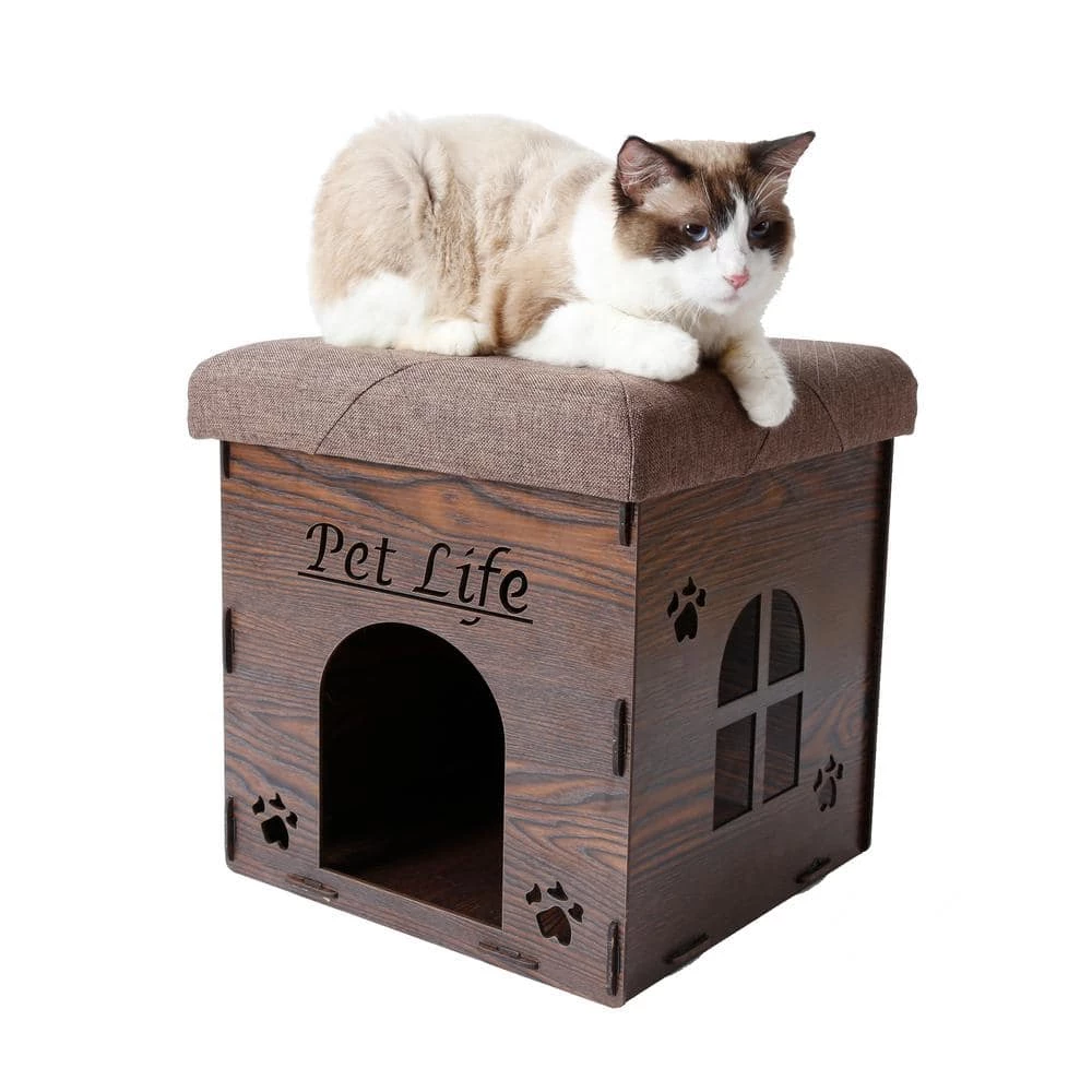 Dark Wood Foldaway Collapsible Designer Cat House Furniture Bench by PET LIFE