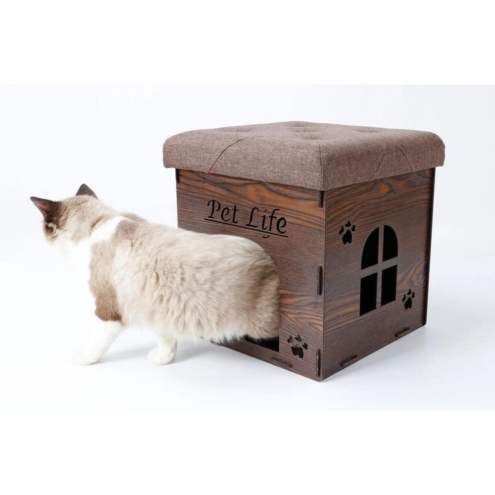 Dark Wood Foldaway Collapsible Designer Cat House Furniture Bench by PET LIFE - Image 2