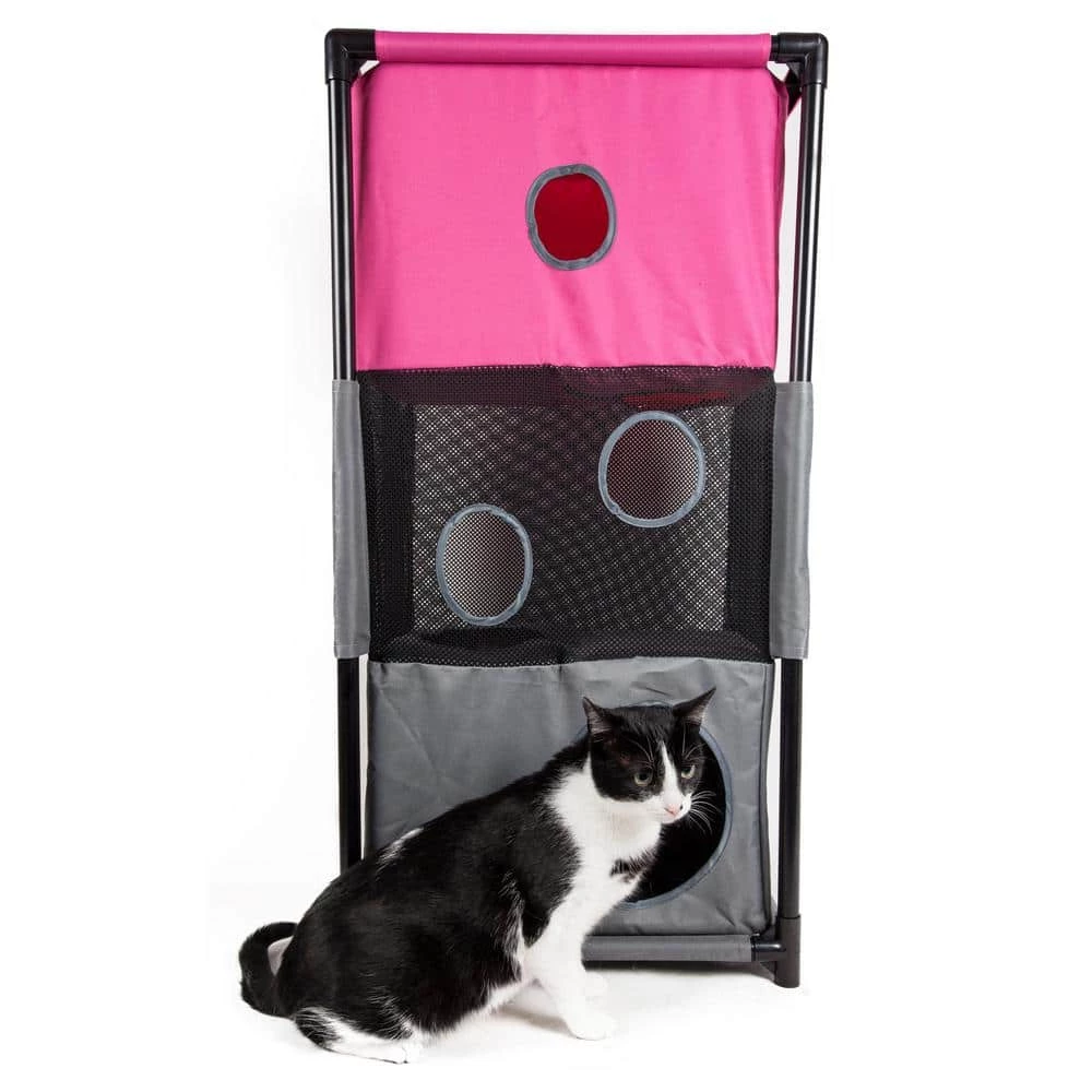 Pink and Grey Kitty-Square Obstacle Soft Folding Sturdy Play-Active Travel Collapsible Travel Pet Cat House Furniture by PET LIFE