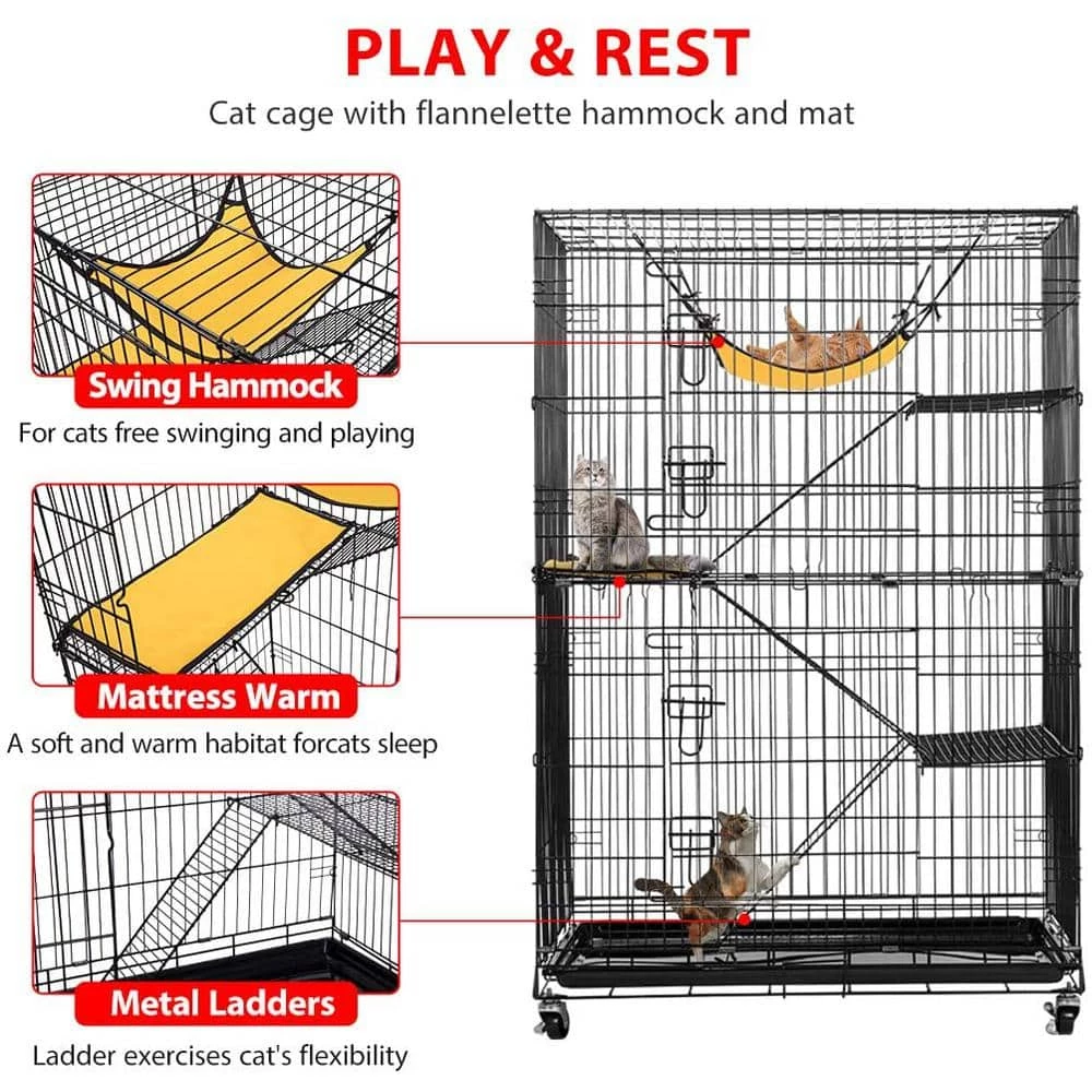 4-Tier 49 in. Metal Collapsible Cat Cage with Ramp Ladders Hammock and Bed by VIVOHOME - Image 3